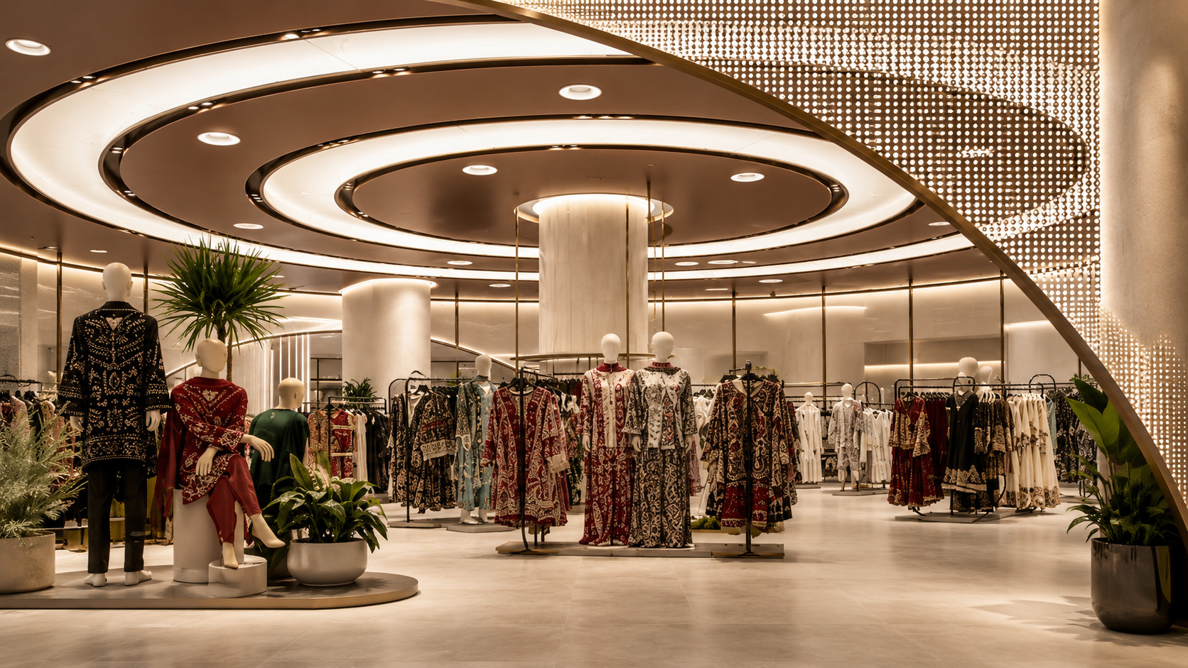 A retail floor beneath a curved illuminated ceiling