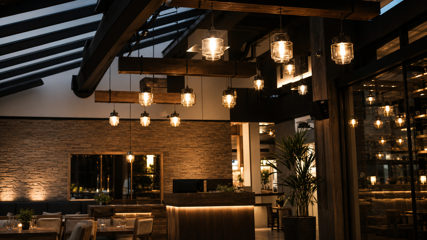 Warm pendant lighting over a restaurant interior