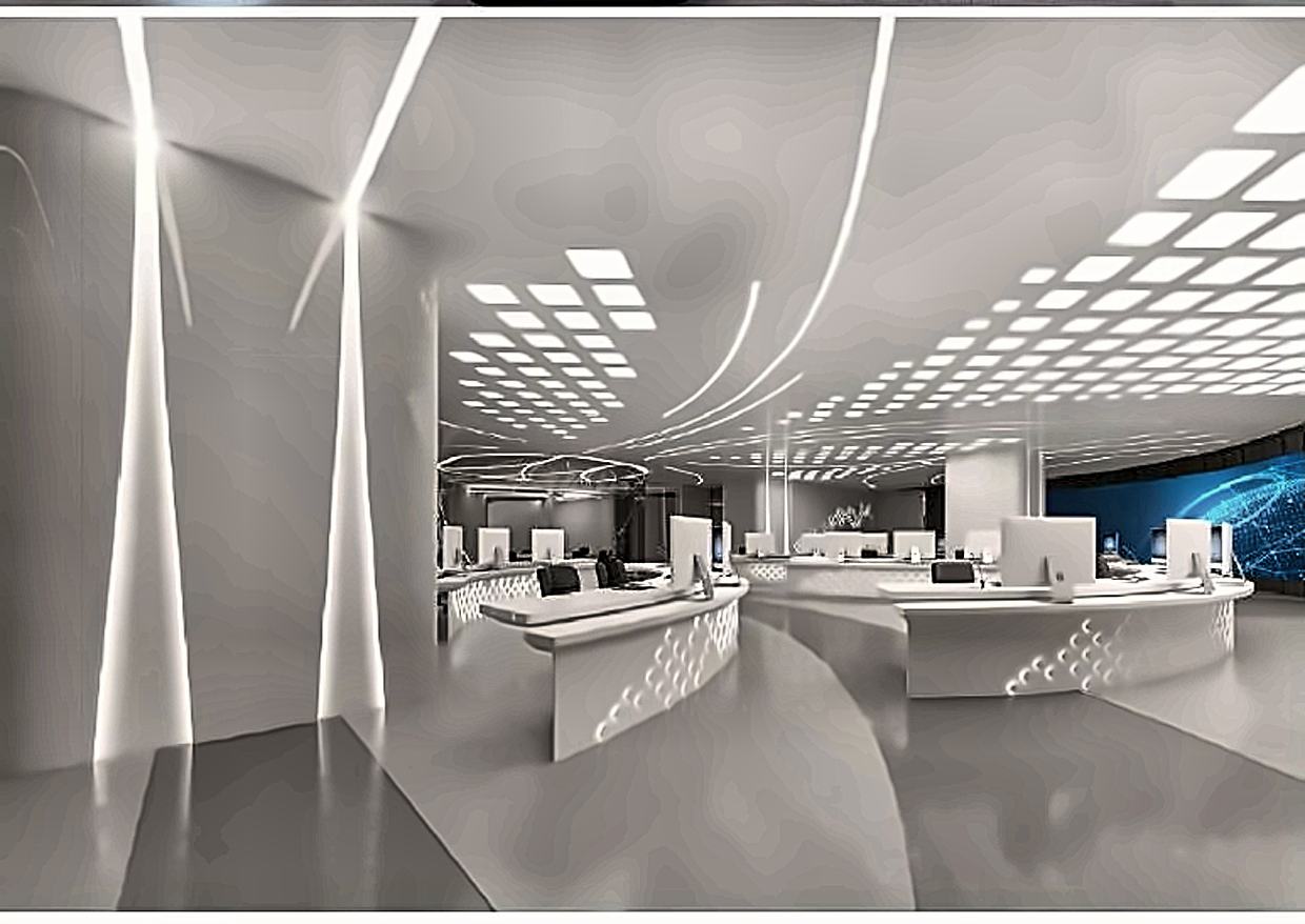 A white curved reception hall lit by a continuous cove detail
